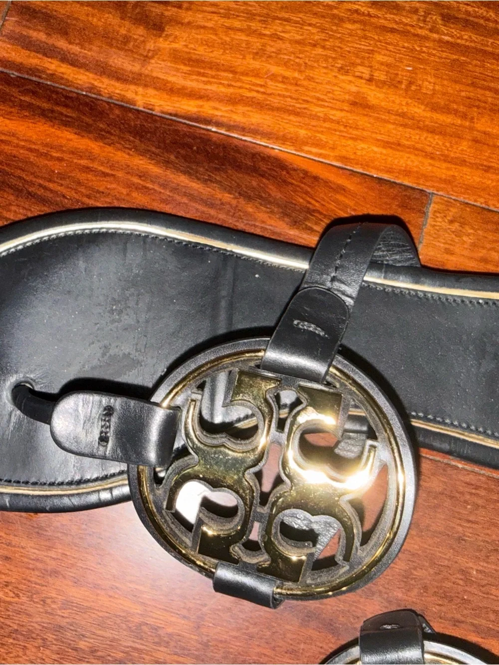 Tory Burch Black Leather Thong Sandals with Gold Double-T Medallions